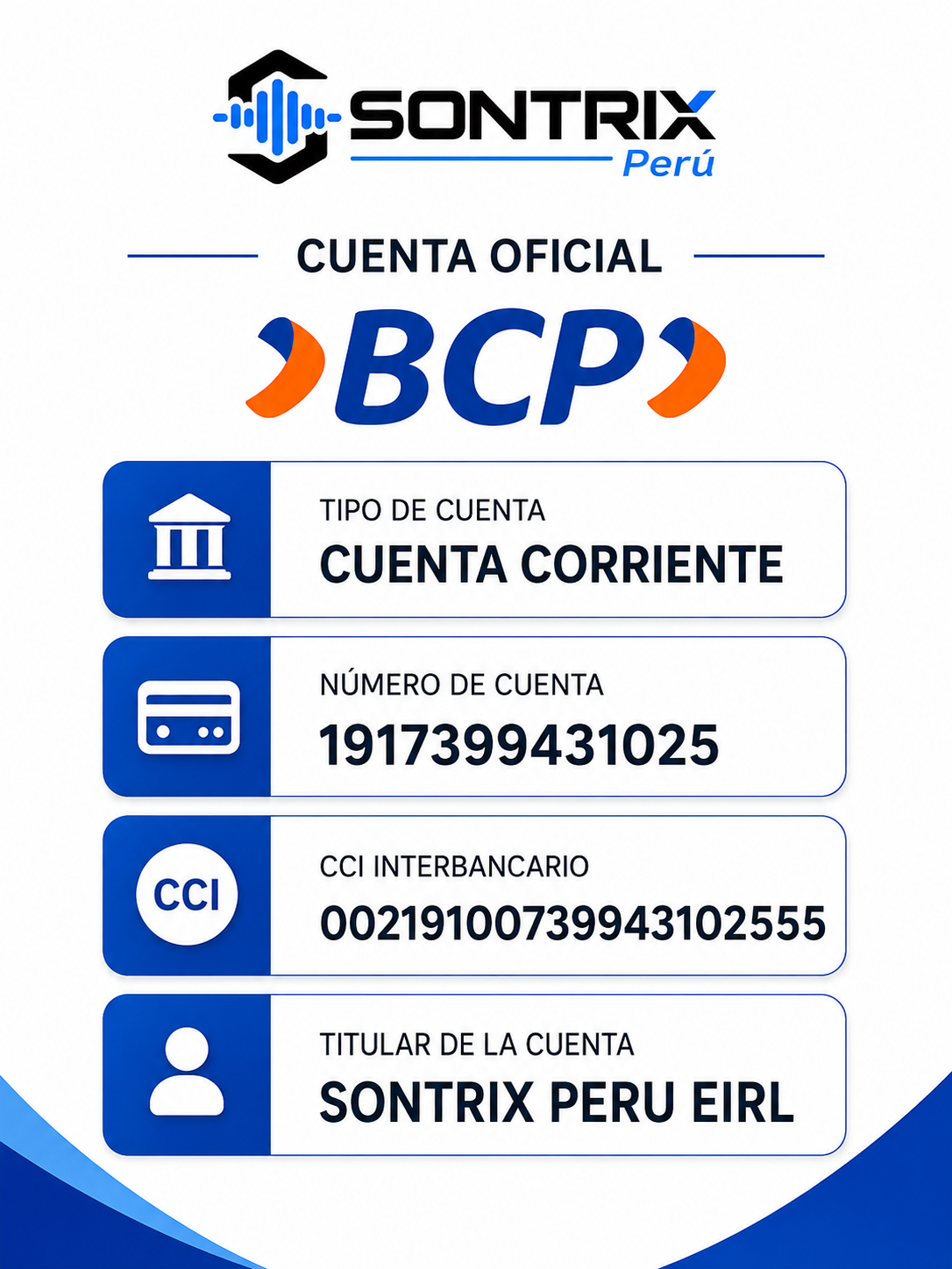 Datos de la cuenta BCP de Sontrix Perú